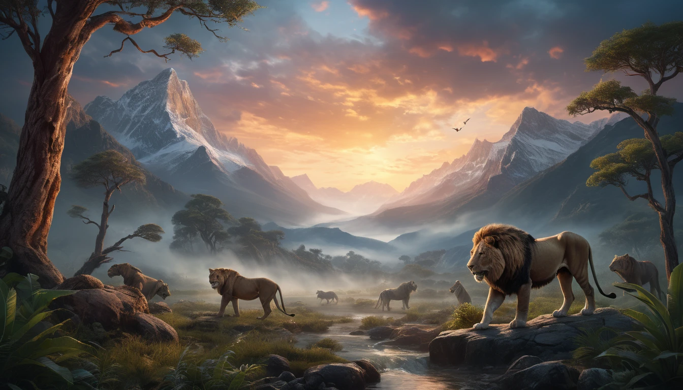 Egy gyönyörű táj, ahol oroszlánok és más vadállatok élnek a hegyek között.