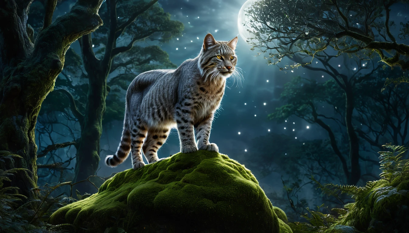 Mit jelent vadmacskával álmodni? - Álomfejtés és értelmezés Egy vadmacska áll egy mohás sziklán, a holdfényben ragyogó erdőben.