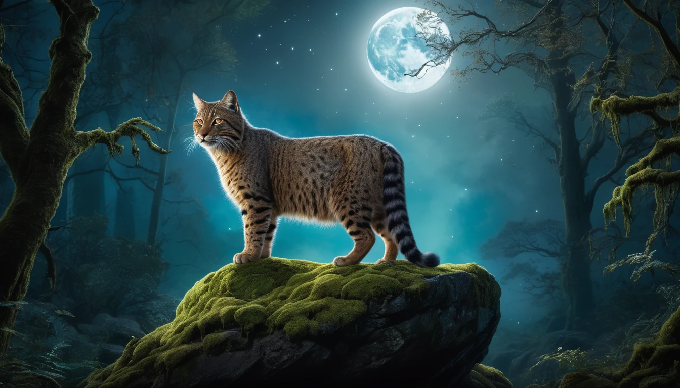Mit jelent vadmacskával álmodni? - Álomfejtés és értelmezés Egy vadmacska áll egy sziklás talapzaton, a holdfényben, erdős háttér előtt.