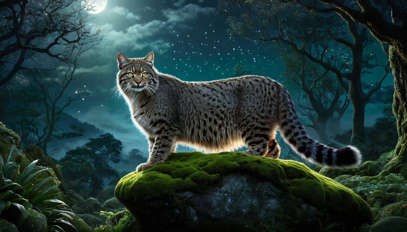 Mit jelent vadmacskával álmodni? - Álomfejtés és értelmezés Egy vadmacska áll egy mohos sziklán, a holdfényben ragyogva.