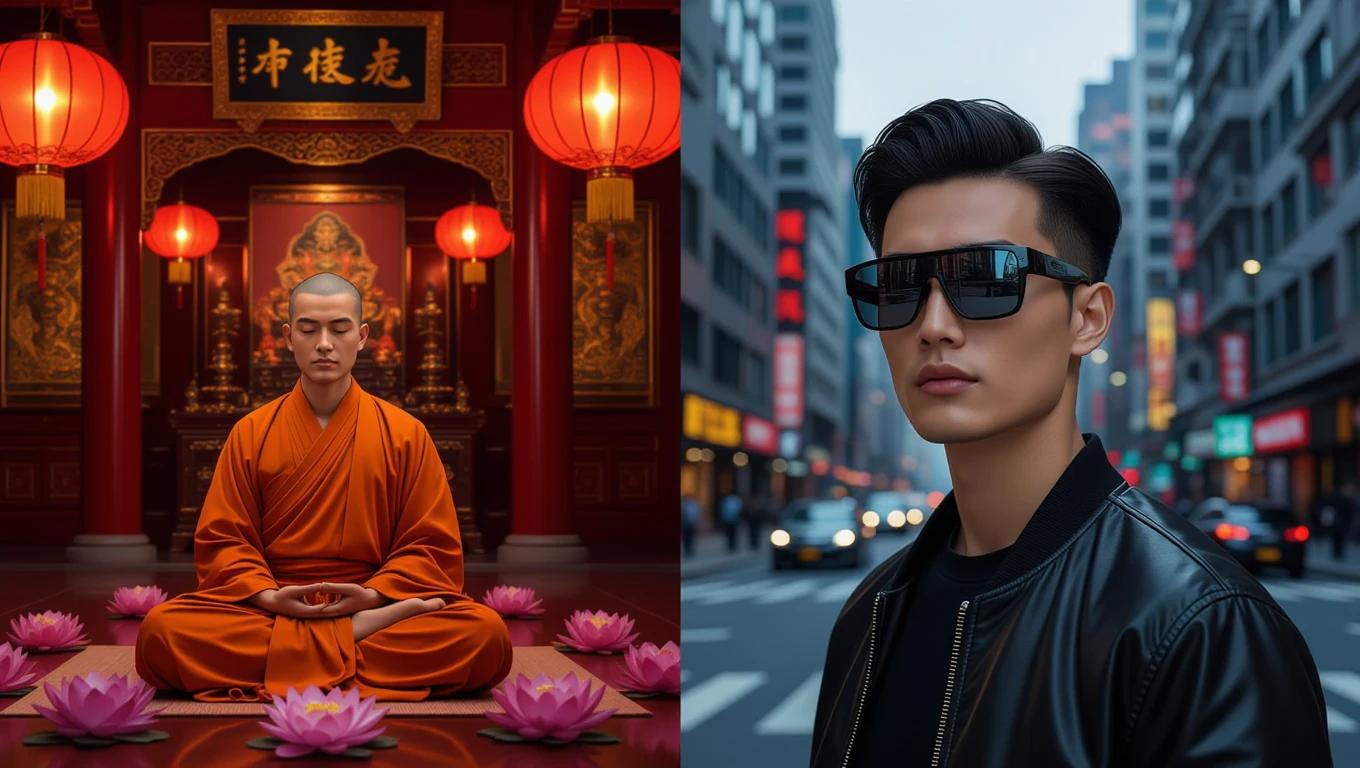 Mit jelent vaksággal álmodni? – Részletes álomfejtés és értelmezés Egy meditáló szerzetes és egy fiatal férfi városi környezetben, különböző érzelmekkel.