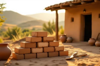 Mit jelent vályoggal álmodni? – Részletes álomfejtés és értelmezés Egy vályogtéglákból készült halom, mellette edények és szerszámok.