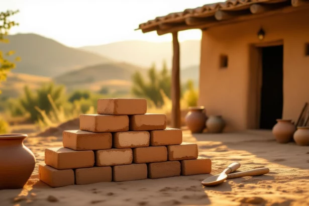 Egy vályogtéglákból készült halom, mellette edények és szerszámok.