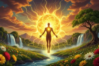 Mit jelent a vitalitás az álmokban? – Részletes álomfejtés és értelmezés Egy emberi alak lebeg a napfényben, körülötte virágos rét és vízesések.