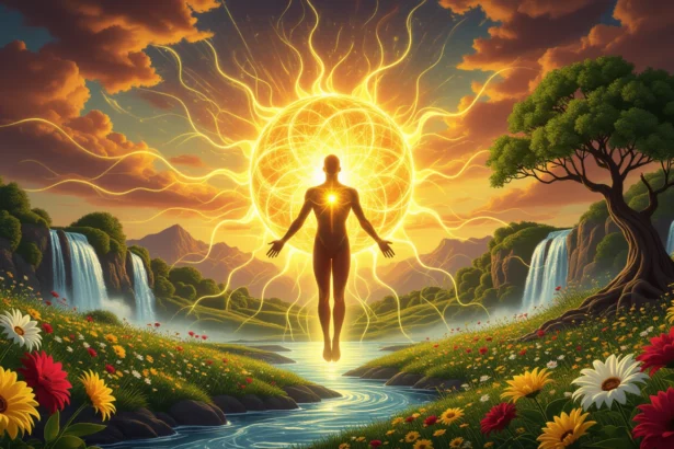 Egy emberi alak lebeg a napfényben, körülötte virágos rét és vízesések.