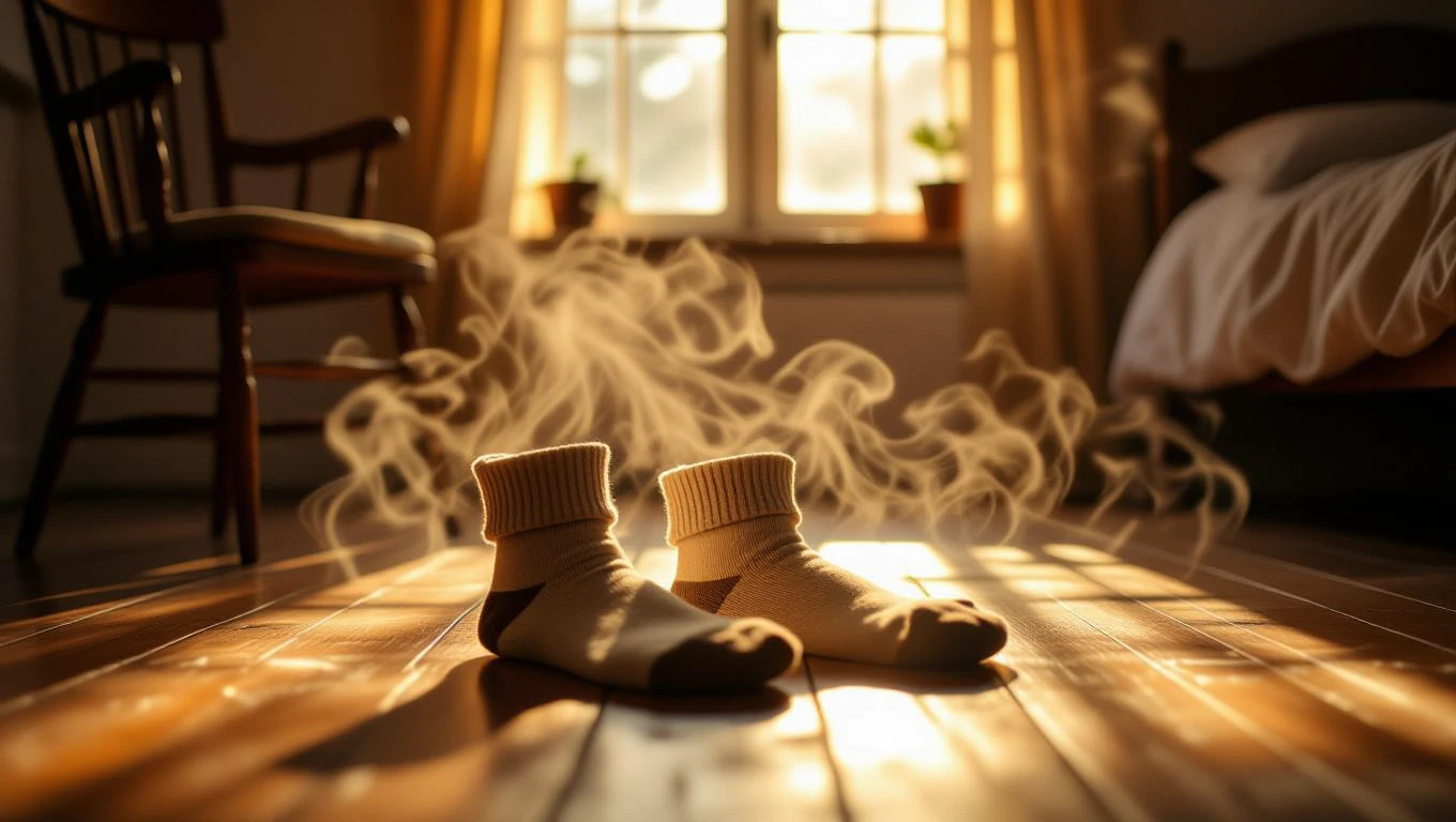 Mit jelent zokniról álmodni? - Online álomfejtés és értelmezés Két zokni fekszik a padlón, körülöttük füstös hatás, világos szobában.