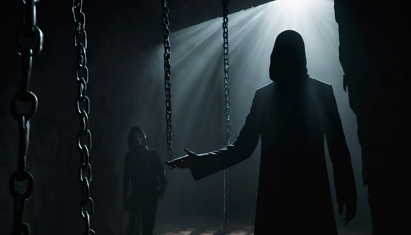 Két figura áll egy sötét helyiségben, láncokkal és fényekkel körülvéve.