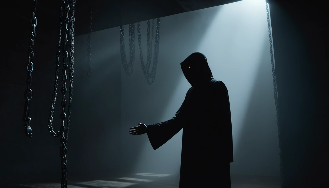 Egy sötét köpenyt viselő alak áll a fényben, láncokkal körülvéve.