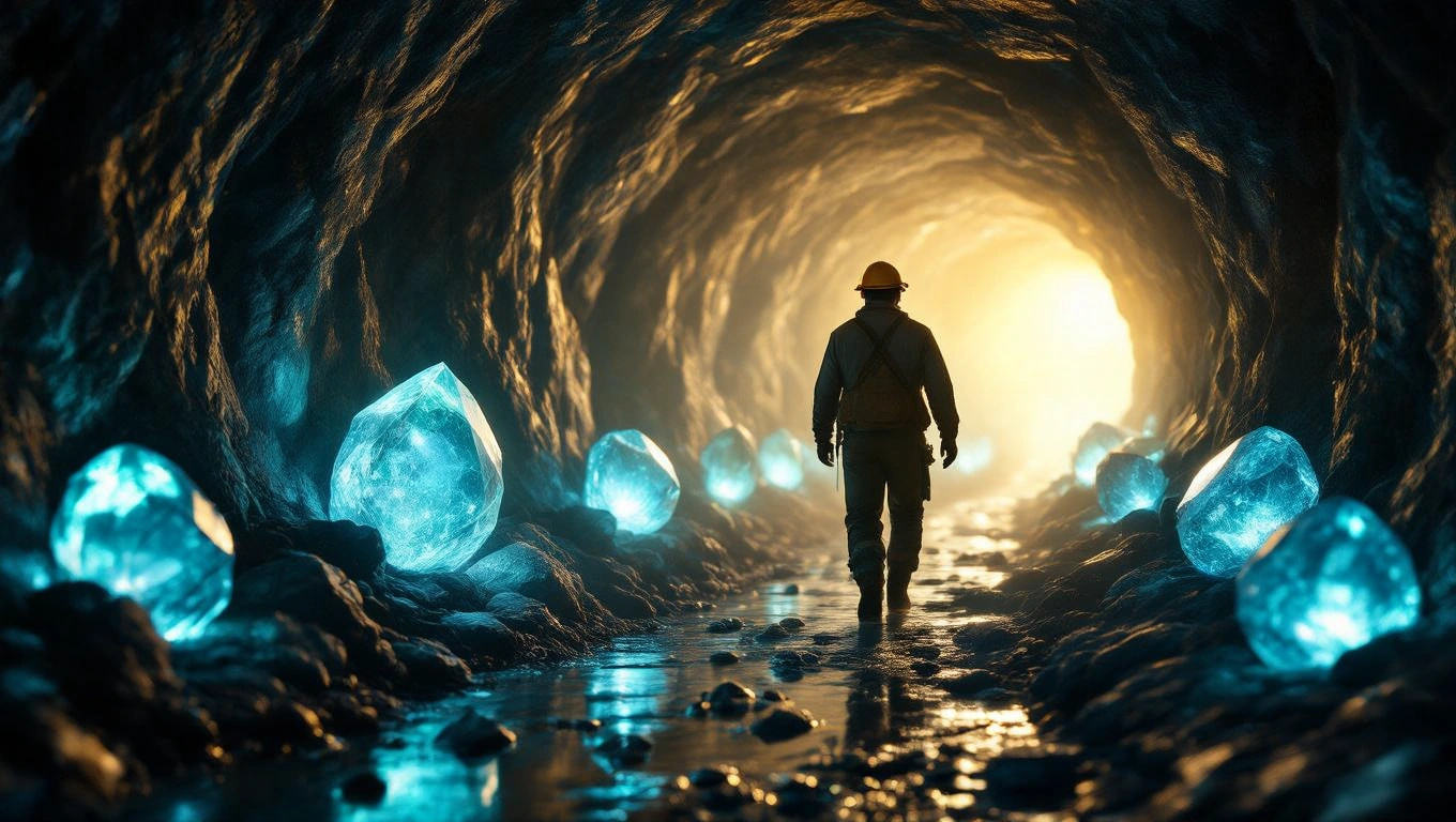 Mit jelent bányával álmodni? – Részletes álomfejtés és értelmezés Egy bányász sétál egy világító kristályokkal teli bányában.