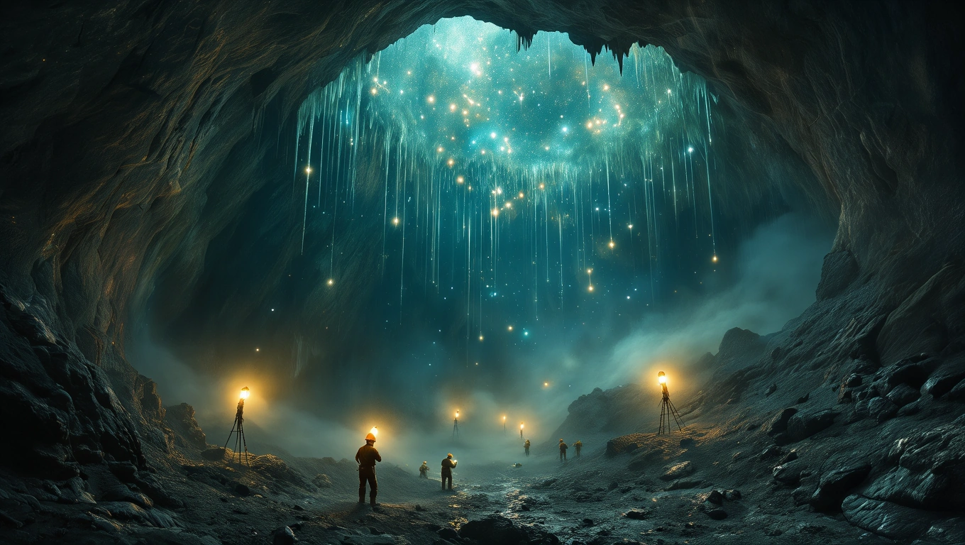 Mit jelent bányával álmodni? – Részletes álomfejtés és értelmezés Sötét bánya belseje, fényszórók világítanak, csillagokkal teli mennyezet.