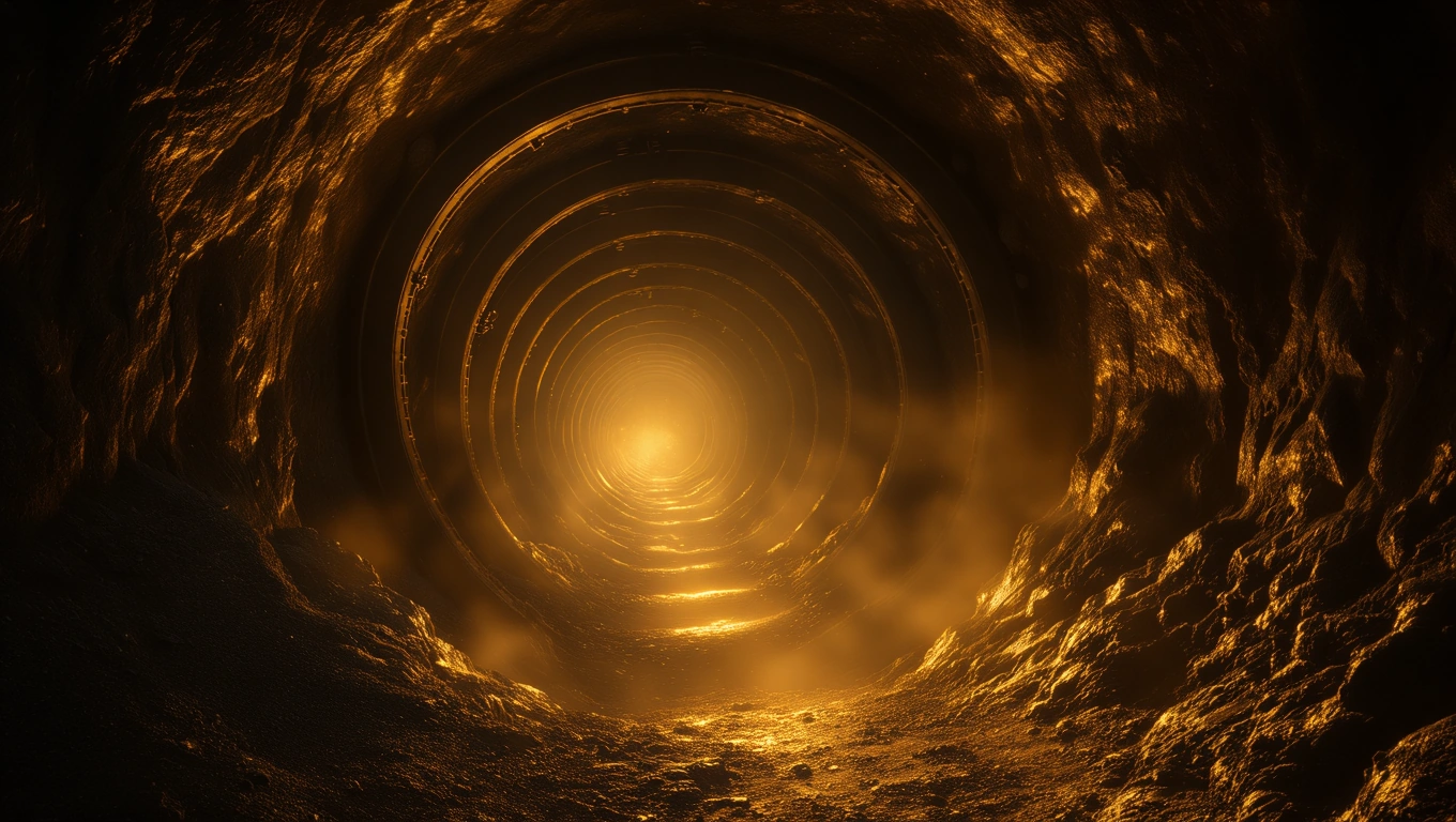 Mit jelent bányával álmodni? – Részletes álomfejtés és értelmezés Egy bányatunnel belseje, amelyben aranyszínű fény világít a távolban.