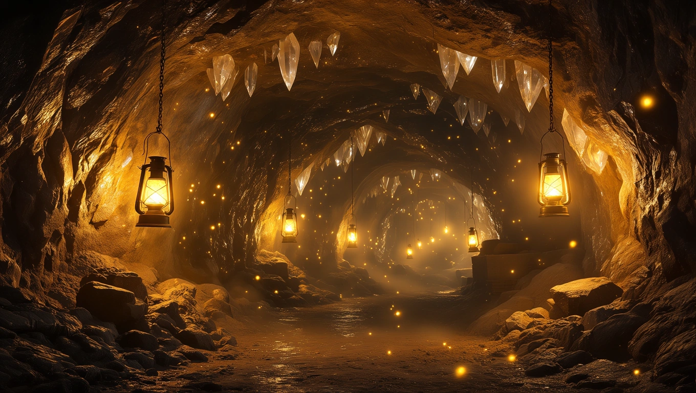 Mit jelent bányával álmodni? – Részletes álomfejtés és értelmezés Sötét bánya belseje, fénnyel világító lámpákkal és csillogó kristályokkal.