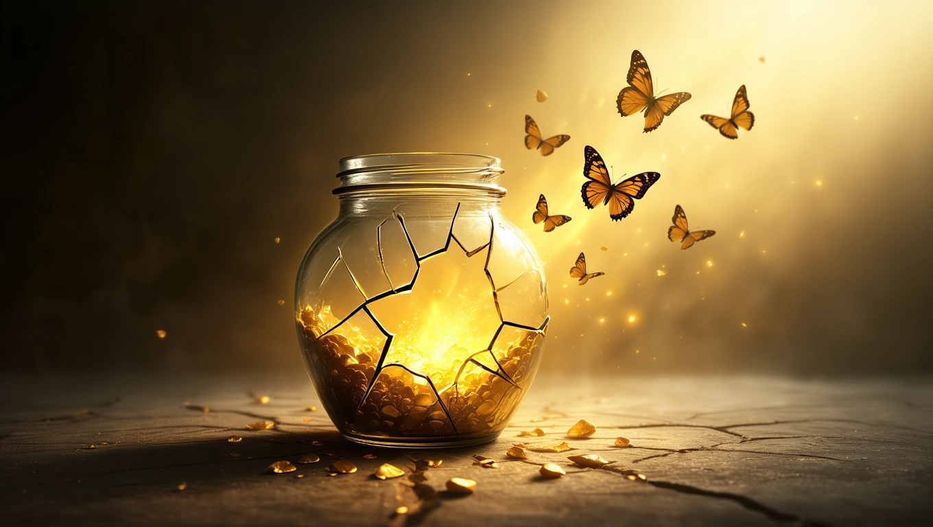 Mit jelent befőttes üveggel álmodni? – Részletes álomfejtés és értelmezés Egy repedt befőttes üveg arany színű kövekkel, körülötte pillangók repkednek.