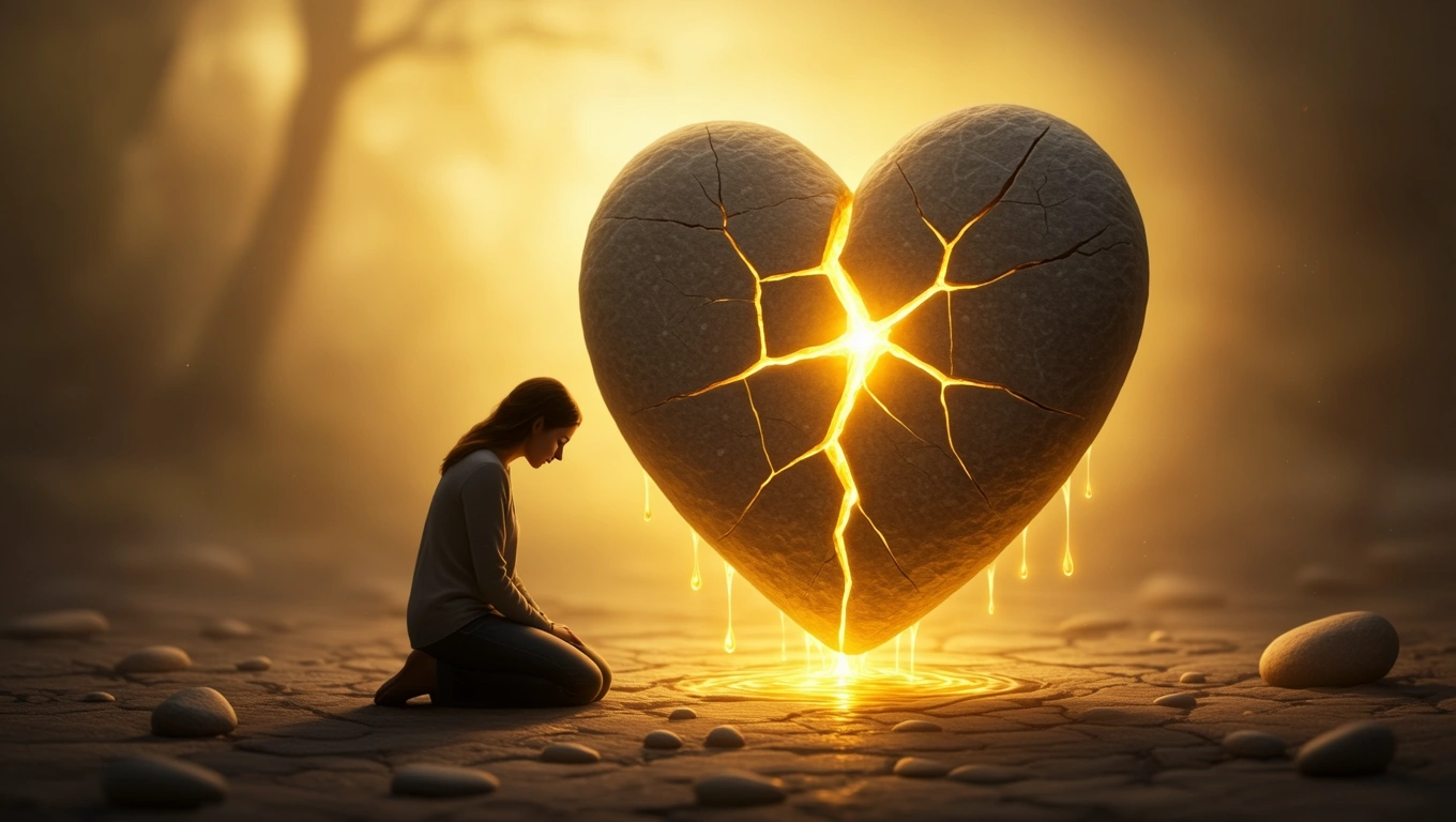 Mit jelent emberölésről álmodni? – Részletes álomfejtés és értelmezés Egy nő térdel egy repedezett szívkő előtt, amelyből fény árad.