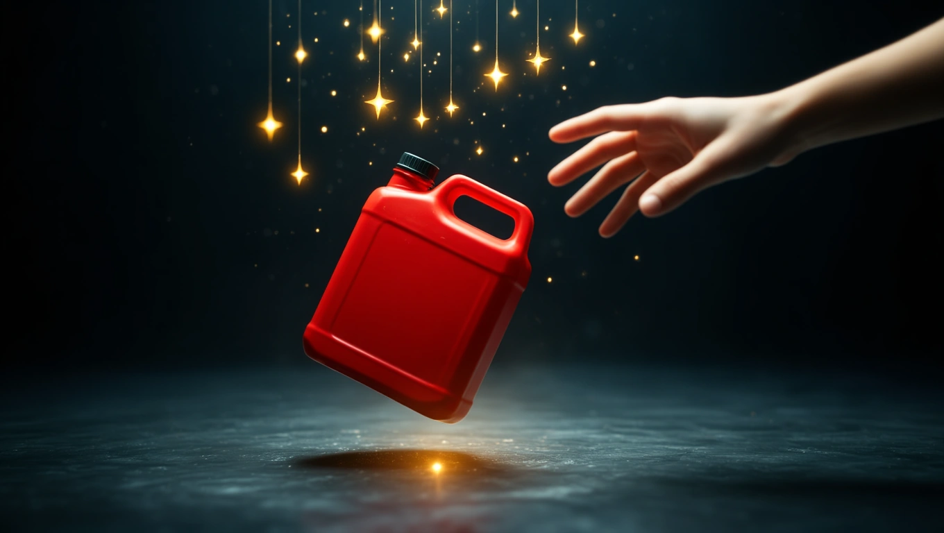 Mit jelent benzines kannáról álmodni? – Online álomfejtés és értelmezés Egy piros benzines kanna lebeg a levegőben, csillagokkal körülvéve.