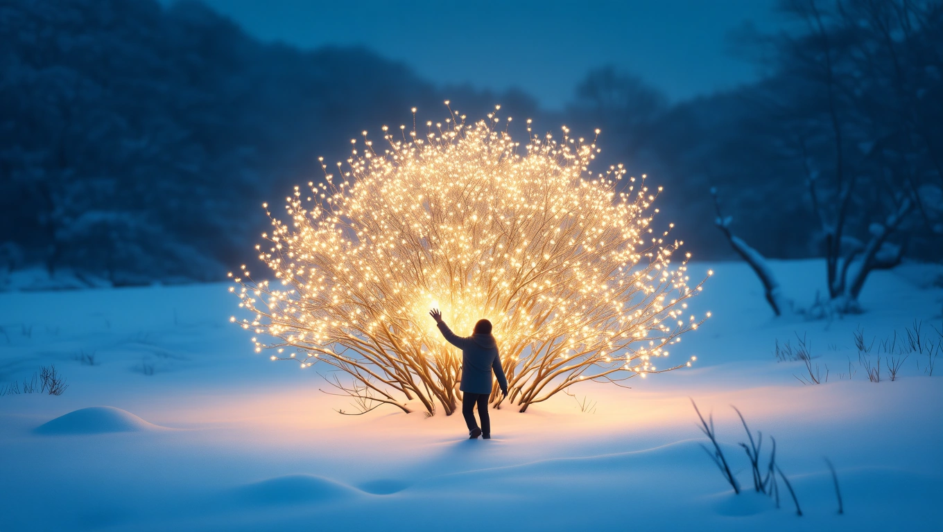 Mit jelent bokorral álmodni? – Részletes álomfejtés és értelmezés Egy ember áll egy világító bokor előtt, hóval borított tájon.