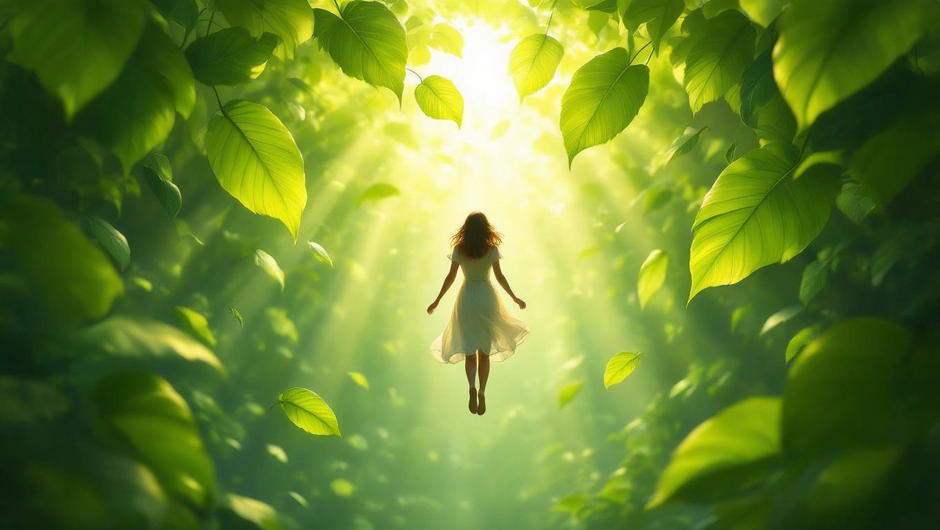 Mit jelent bukásról álmodni? – Részletes álomfejtés és értelmezés Egy nő lebeg a zöld levelek között, fényárban, ami a bukásról álmodás szimbolikáját idézi.