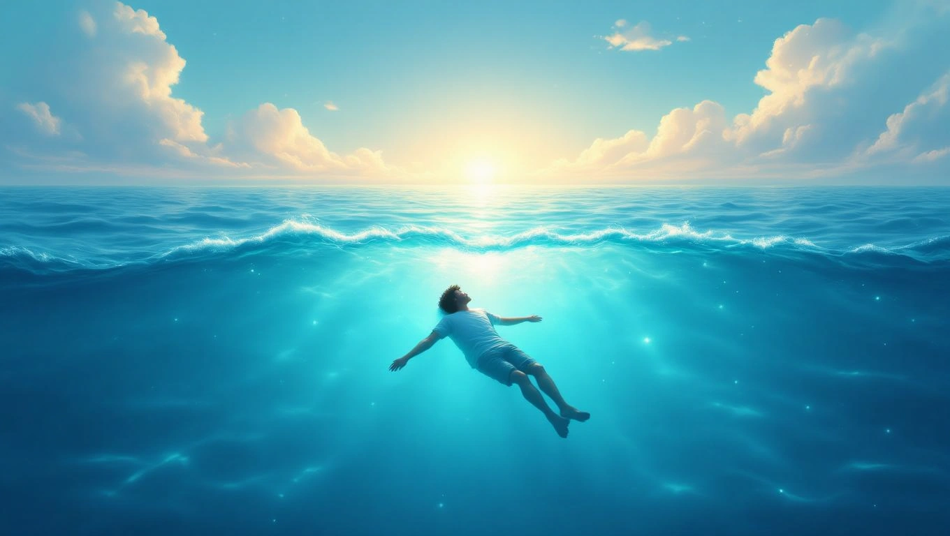 Mit jelent bukásról álmodni? – Részletes álomfejtés és értelmezés Egy ember lebeg a víz felszínén, a naplemente fényei tükröződnek a vízben.