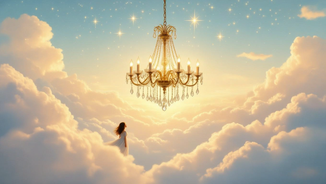 Egy csillár lebeg a felhők között, fényesen ragyogva a háttérben.