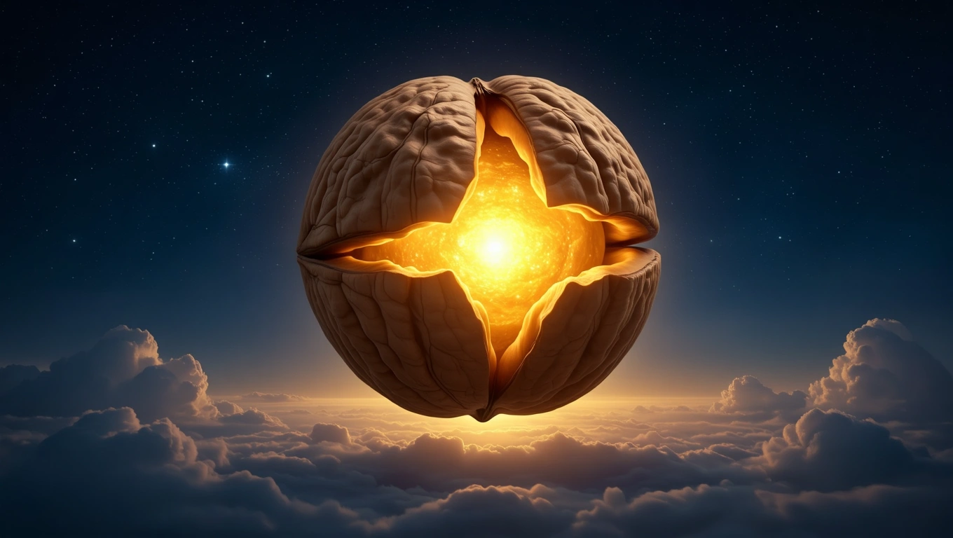 Mit jelent dióval álmodni? – Részletes álomfejtés és értelmezés Egy dió, amely fénylő magot rejt, felhők között lebegve.