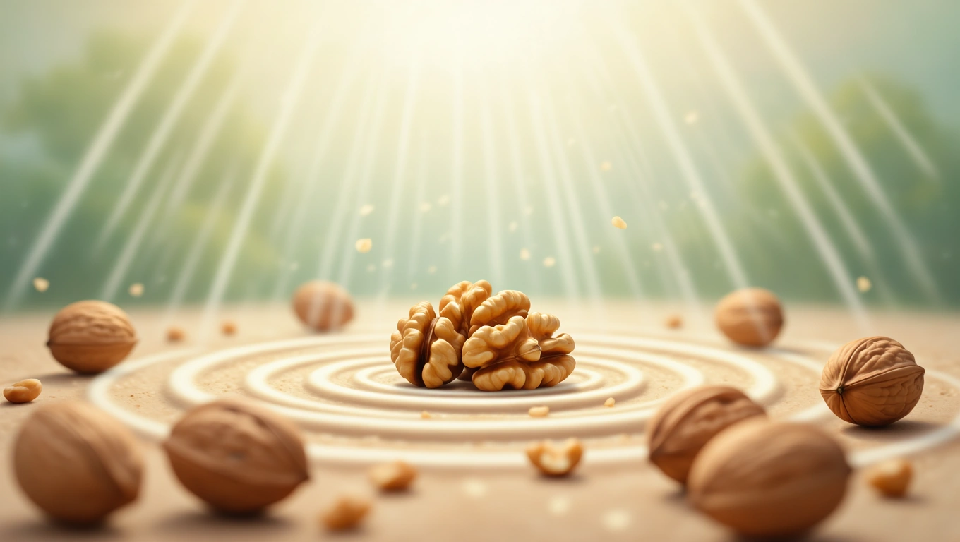 Mit jelent dióval álmodni? – Részletes álomfejtés és értelmezés Egy diótömeg, amely körül apró diók és spirál alakú vonalak láthatók, fényben fürödve.