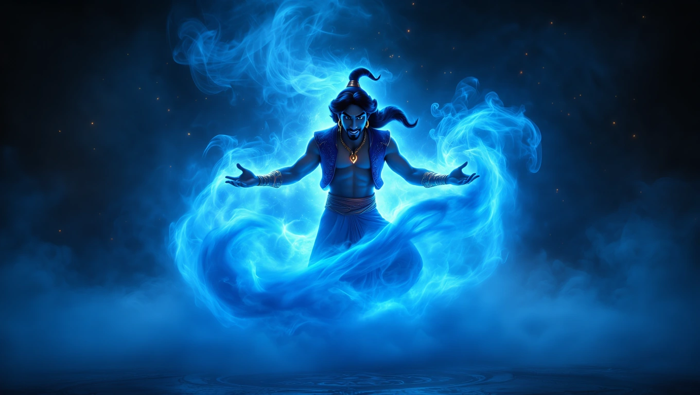 Mit jelent Aladdinnal álmodni? – Részletes álomfejtés és értelmezés Egy dzsinn kék füstben, varázslatos környezetben, Aladdin történetéből.