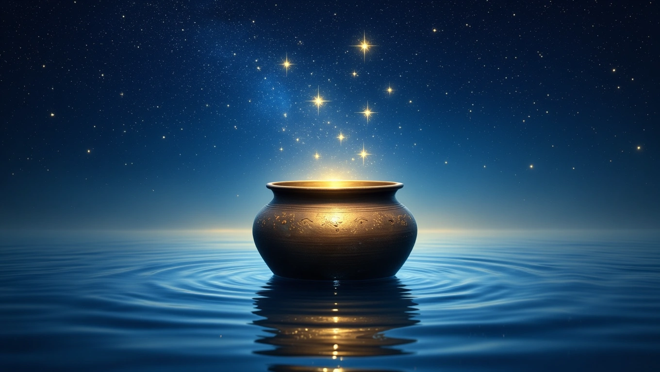 Egy fazék, amelyből csillagok emelkednek ki, víz tükrében.