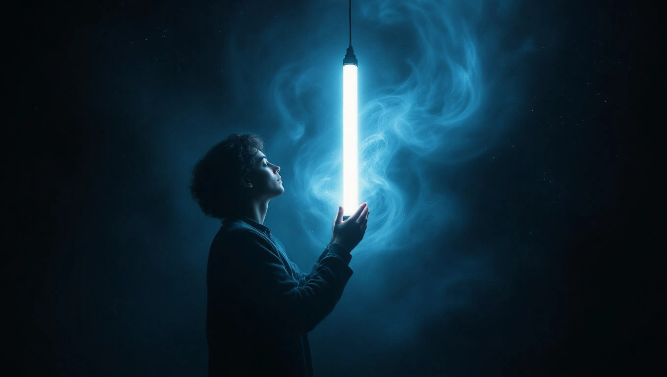 Mit jelent fénycsővel álmodni? – Részletes álomfejtés és értelmezés Egy személy fénycsövet tart a kezében, miközben a fény körülötte dereng.