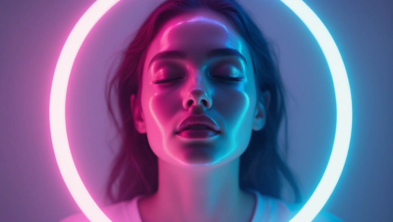 Mit jelent fénycsővel álmodni? – Részletes álomfejtés és értelmezés Egy nő arca fénycsővel keretezve, álomszerű, színes világításban.