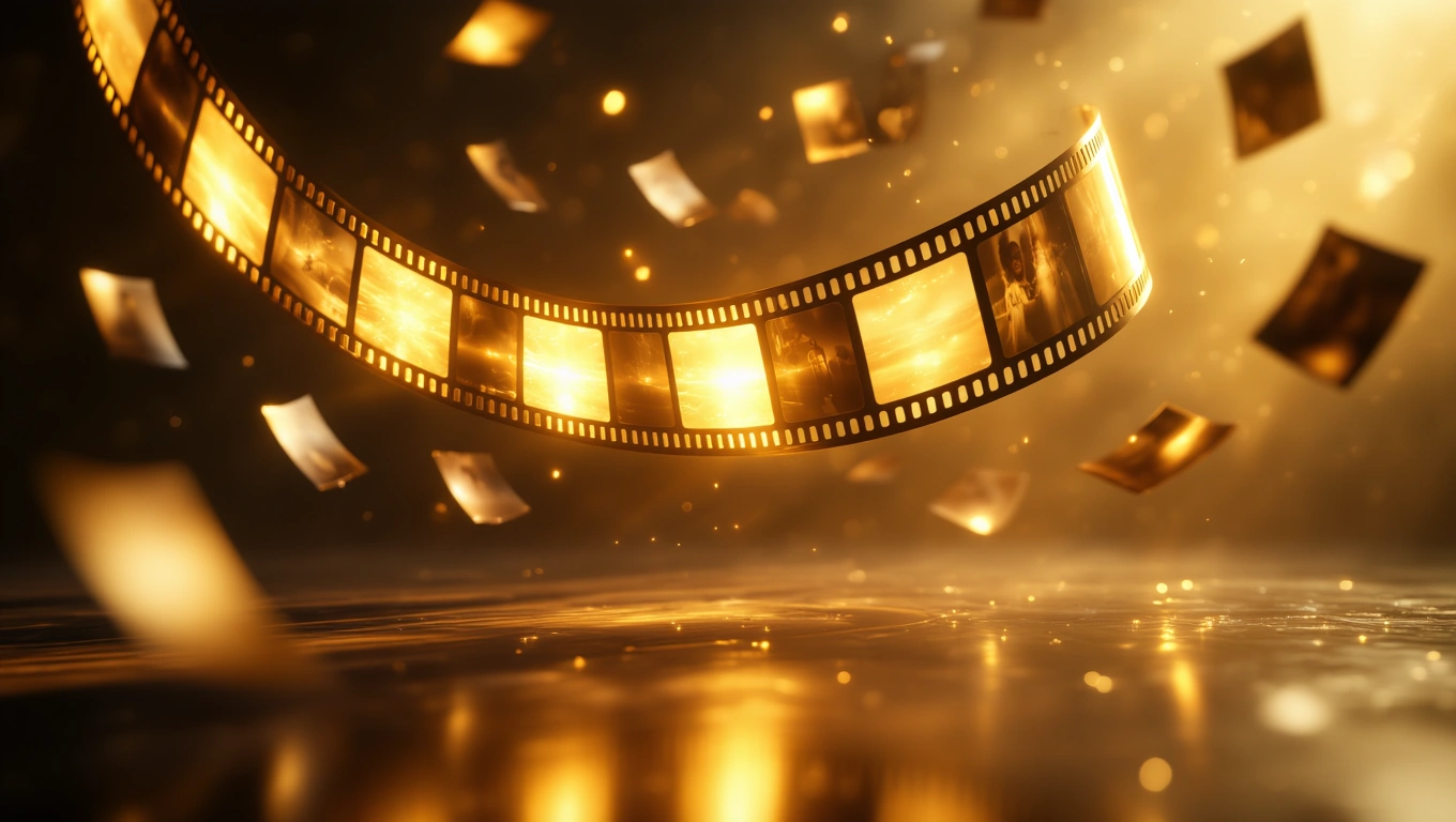 Mit jelent filmtekercsről álmodni? – Részletes álomfejtés és értelmezés Egy lebegő filmtekercs, amely körül fényes képek és csillogó fények láthatók.