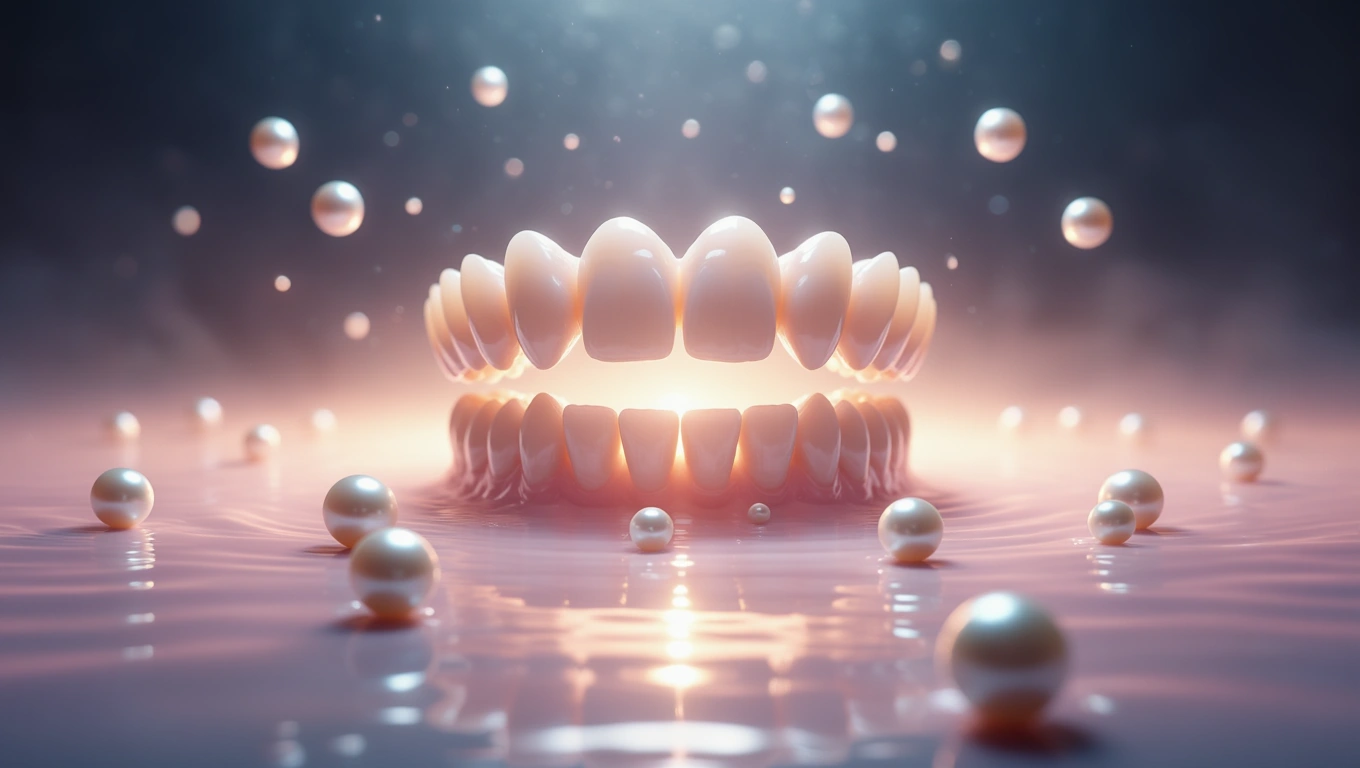 Egy gyönyörű, fehér fogsor gyöngyökkel körülvéve, víz alatt.