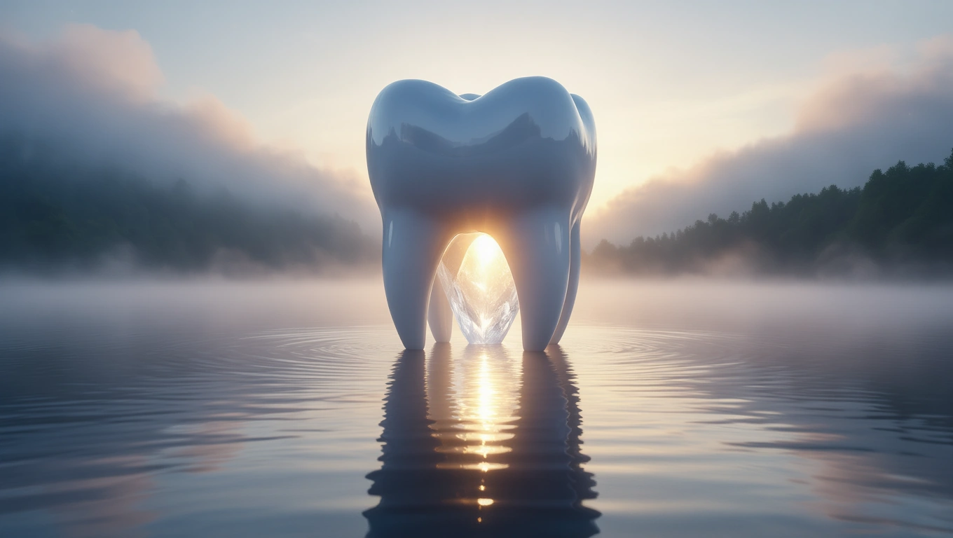 Mit jelent fogászattal álmodni? – Részletes álomfejtés és értelmezés Egy hatalmas, fényes fog áll a vízben, mögötte napfény és köd látható.