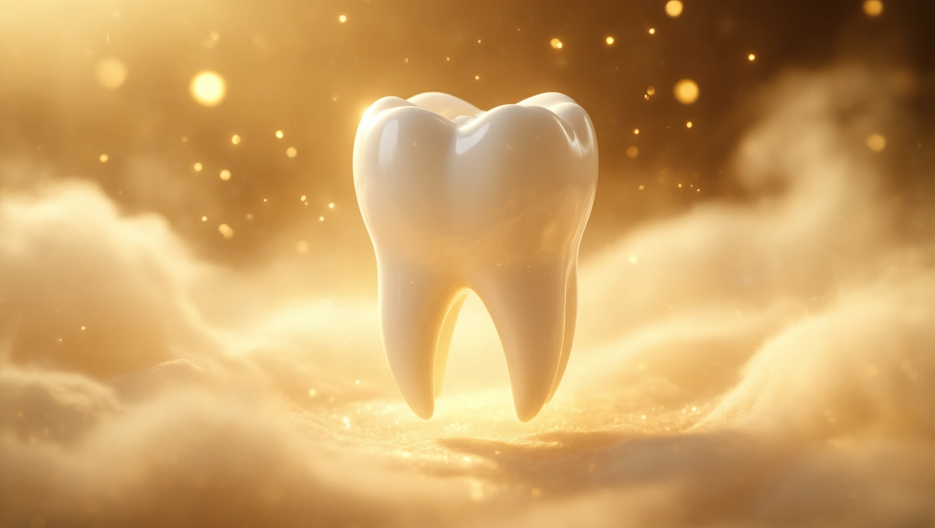 Mit jelent fogászattal álmodni? – Részletes álomfejtés és értelmezés Egy fénylő, fehér fog lebeg egy aranyszínű háttér előtt, felhők között.