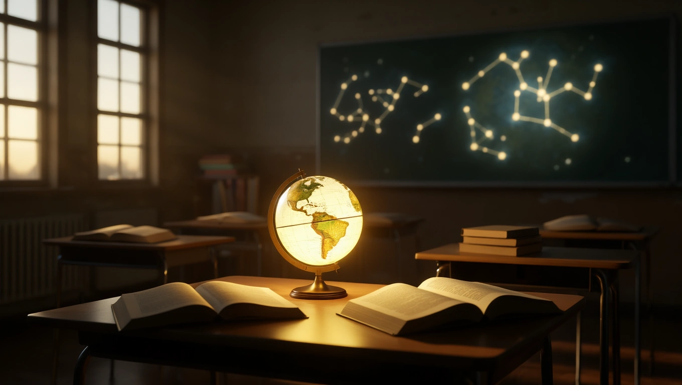 Mit jelent földgömbről álmodni? – Részletes álomfejtés és értelmezés Egy világító földgömb áll egy asztalon, könyvek között, egy osztályteremben.