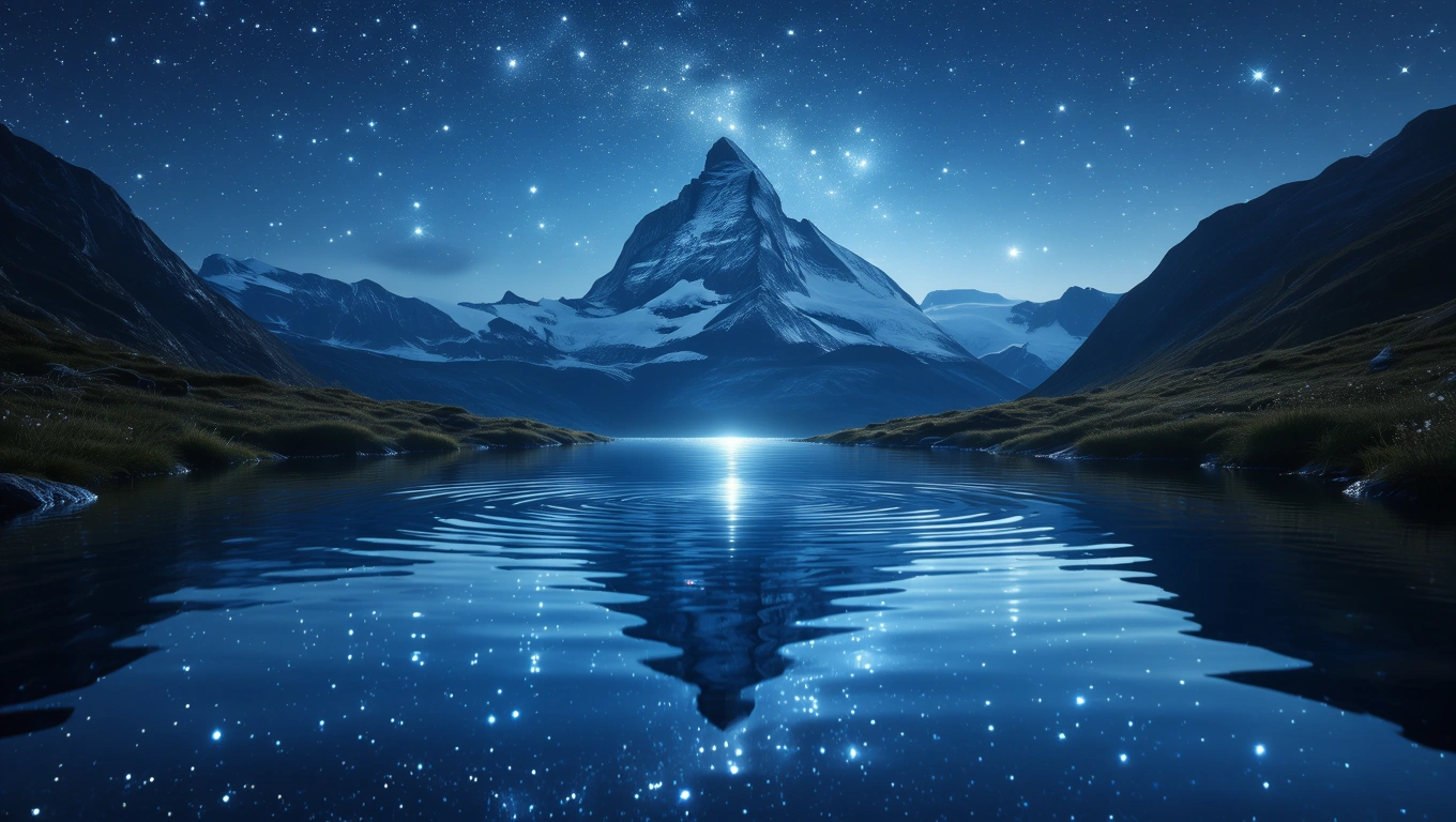 Mit jelent forrásról álmodni? – Részletes álomfejtés és értelmezés Egy csillagfényes éjszakai táj, hegyek és vízforrás tükröződik a vízben.