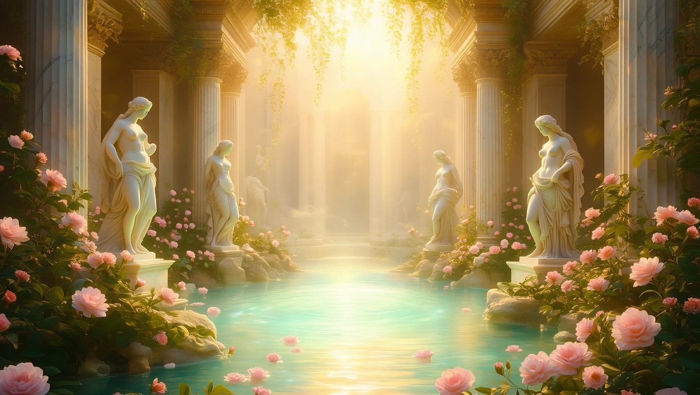 Mit jelent forrásról álmodni? – Részletes álomfejtés és értelmezés Egy gyönyörű forrás, körülötte rózsák és szobrok, napfényben fürdőzik.