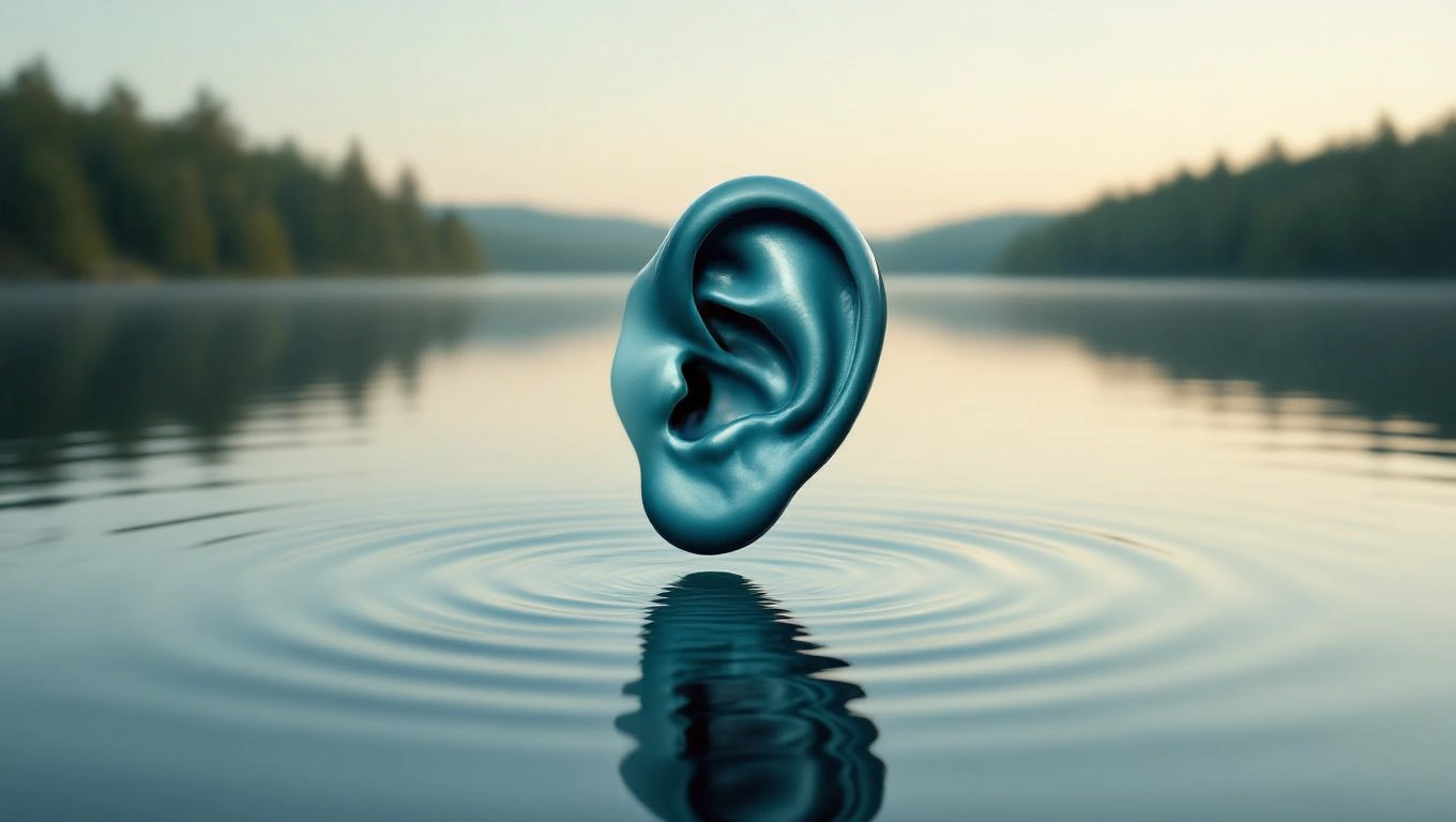 Egy lebegő, kék fül látható a víz tükrén, csendes tájban.