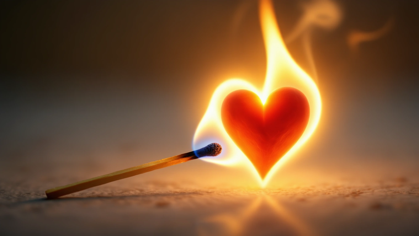Mit jelent gyufával álmodni? – Részletes álomfejtés és értelmezés Egy gyufa lángja, amely szív formájú fényt áraszt, szimbolizálva a szenvedélyt.