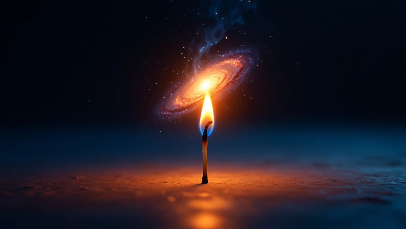 Egy gyufa lángja, amelyből galaxis formájú füst száll fel.