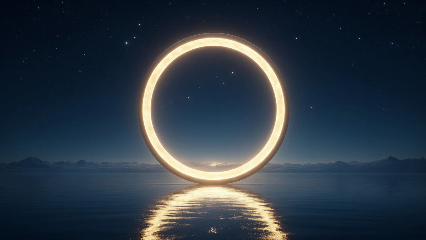 Mit jelent gyűrűvel álmodni? – Részletes álomfejtés és értelmezés Egy fénylő gyűrű lebeg a víz felett, csillagos ég alatt.