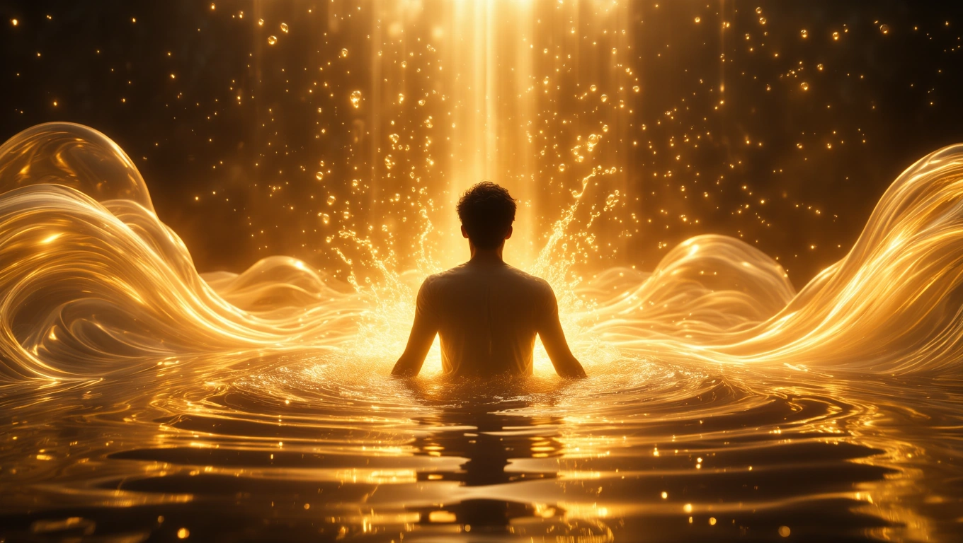 Mit jelent hányásról álmodni? – Részletes álomfejtés és értelmezés Egy férfi áll egy aranyszínű vízben, körülötte fénylő vízpermet és hullámok.