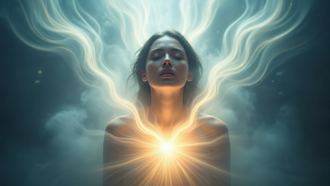 Mit jelent hányásról álmodni? – Részletes álomfejtés és értelmezés Egy női alak, aki meditál, fény áramlik a szívéből, szimbolizálva a megtisztulást.