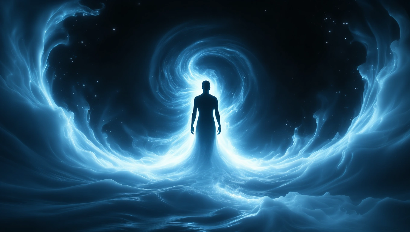 Mit jelent hányásról álmodni? – Részletes álomfejtés és értelmezés Egy fénylő, kékes aura körülvevő sziluett, amely a tisztulás szimbóluma.