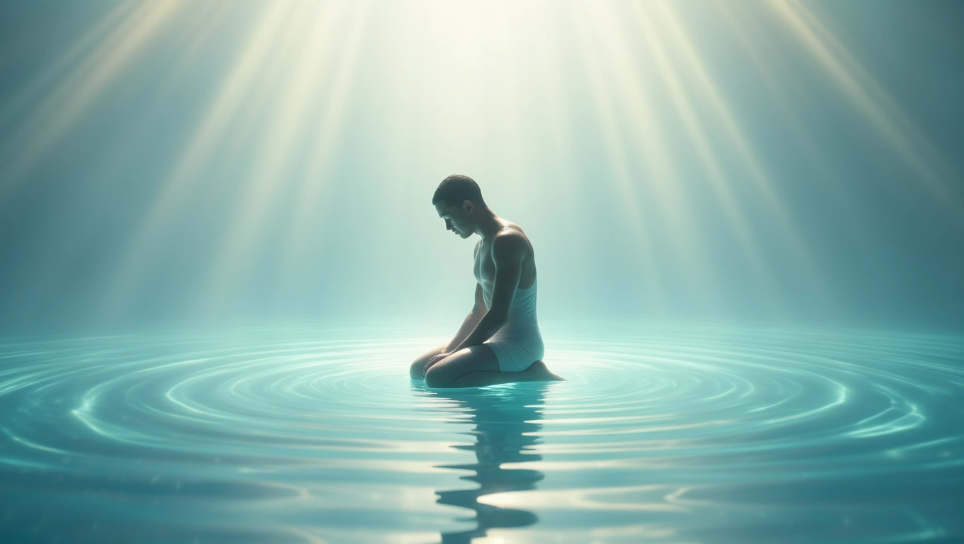 Mit jelent hányásról álmodni? – Részletes álomfejtés és értelmezés Egy férfi ül a vízben, mélyen elgondolkodva, fények áradnak körülötte.