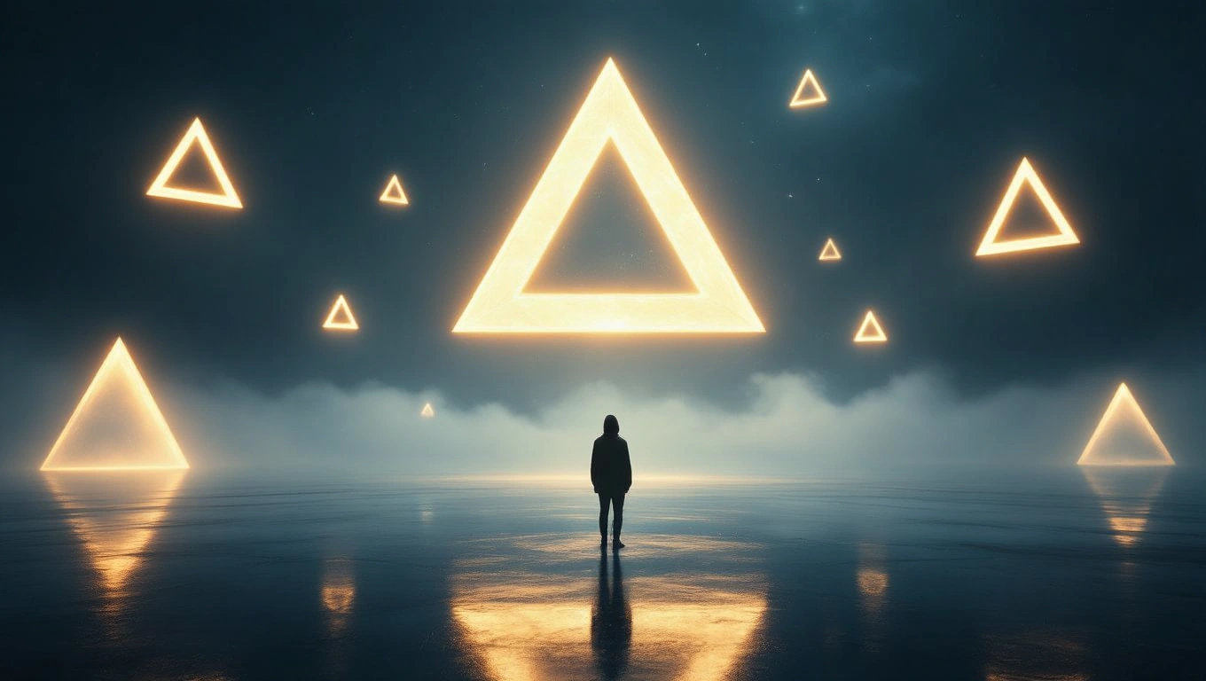 Mit jelent háromszögekkel álmodni? – Részletes álomfejtés és értelmezés Egy sötét, ködös tájban világító háromszögek lebegnek, egy alak áll előttük.