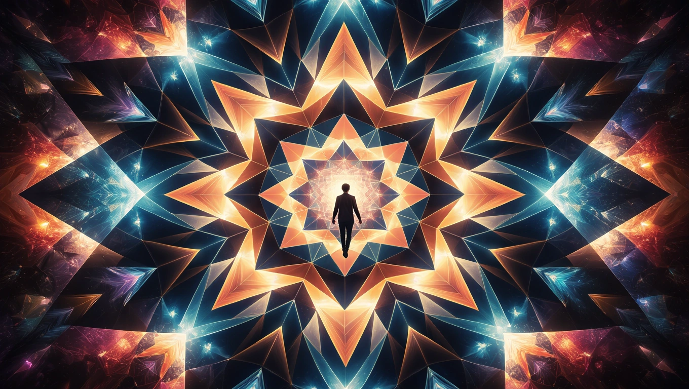 Mit jelent háromszögekkel álmodni? – Részletes álomfejtés és értelmezés Egy ember áll egy színes, geometrikus háromszögmintázat közepén, amely a spiritualitást szimbolizálja.