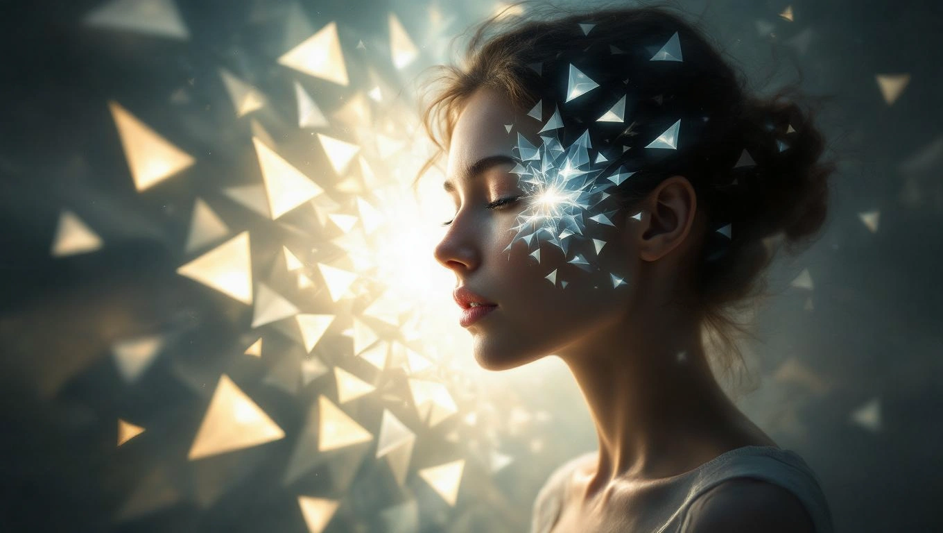 Mit jelent háromszögekkel álmodni? – Részletes álomfejtés és értelmezés Egy nő profilja, akinek arca háromszögekből álló fényekkel van körülvéve.