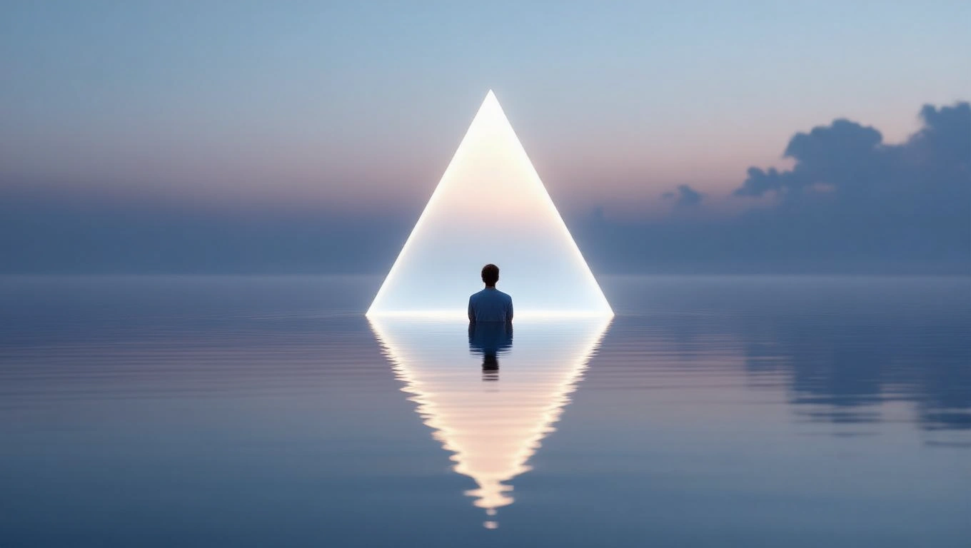 Mit jelent háromszögekkel álmodni? – Részletes álomfejtés és értelmezés Egy ember ül a vízben, mögötte egy világító háromszög formájú objektum látható.
