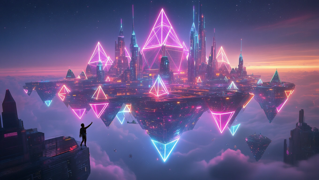 Mit jelent háromszögekkel álmodni? – Részletes álomfejtés és értelmezés Fényes, lebegő háromszögek egy futurisztikus város felett, álomszerű tájban.