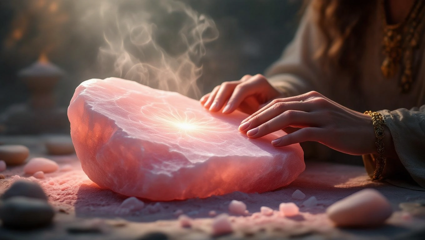 Mit jelent hentessel álmodni? – Részletes álomfejtés és értelmezés Egy nő kezei egy rózsaszín sókristályon pihennek, amelyből fény árad.